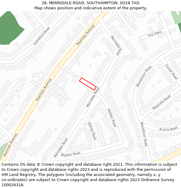 28, MERRIDALE ROAD, SOUTHAMPTON, SO19 7AD: Location map and indicative extent of plot