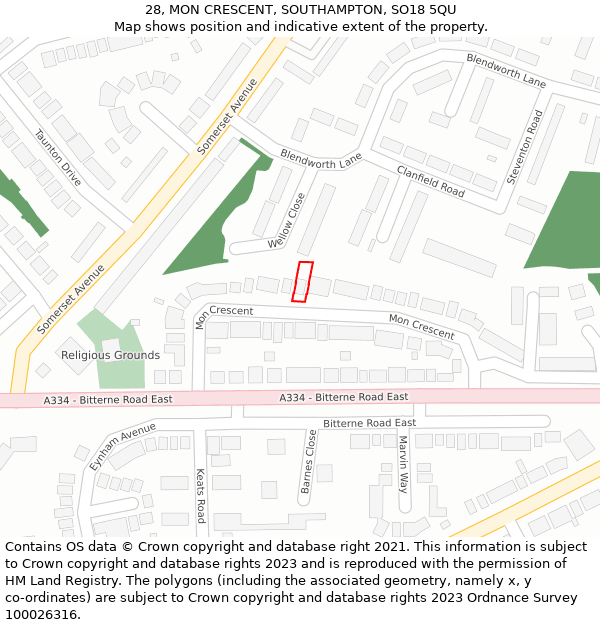 28, MON CRESCENT, SOUTHAMPTON, SO18 5QU: Location map and indicative extent of plot