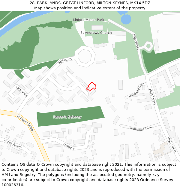 28, PARKLANDS, GREAT LINFORD, MILTON KEYNES, MK14 5DZ: Location map and indicative extent of plot