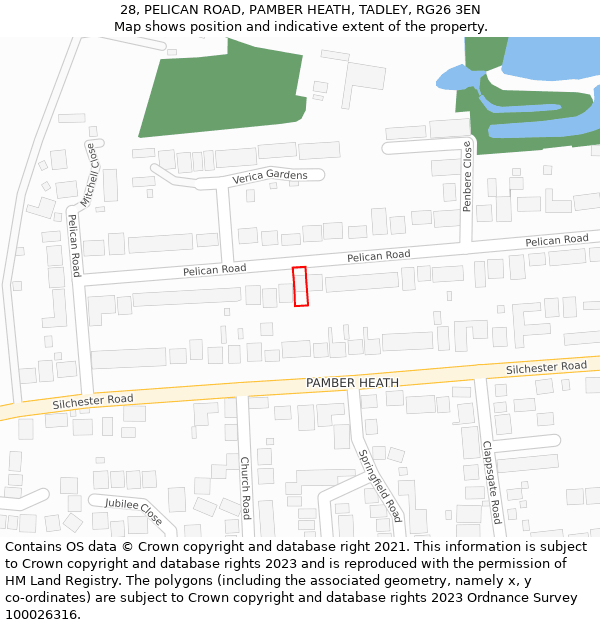 28, PELICAN ROAD, PAMBER HEATH, TADLEY, RG26 3EN: Location map and indicative extent of plot