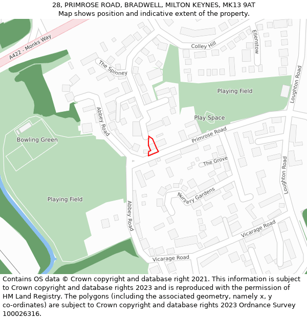 28, PRIMROSE ROAD, BRADWELL, MILTON KEYNES, MK13 9AT: Location map and indicative extent of plot