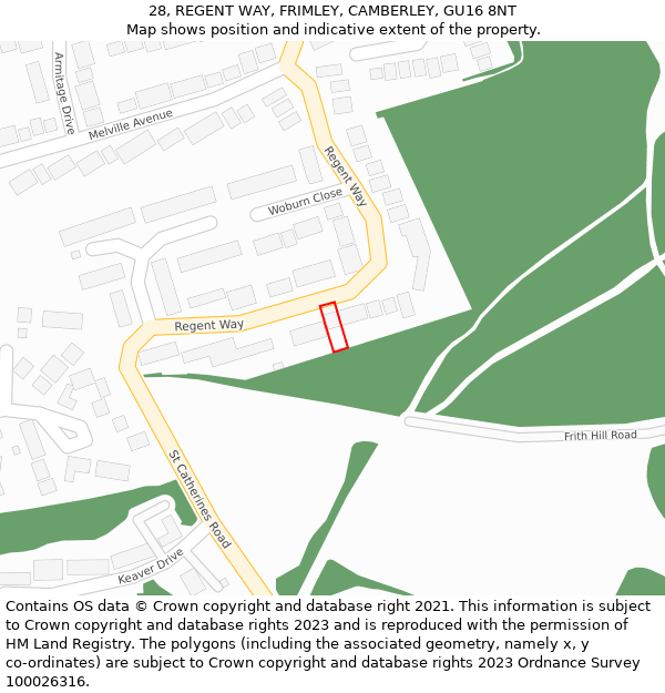 28, REGENT WAY, FRIMLEY, CAMBERLEY, GU16 8NT: Location map and indicative extent of plot