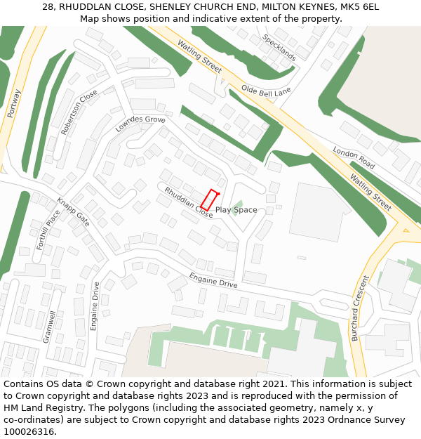 28, RHUDDLAN CLOSE, SHENLEY CHURCH END, MILTON KEYNES, MK5 6EL: Location map and indicative extent of plot