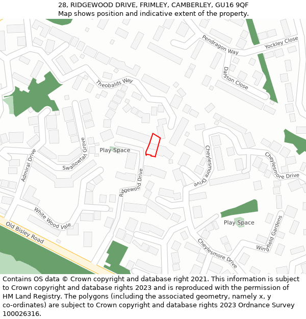 28, RIDGEWOOD DRIVE, FRIMLEY, CAMBERLEY, GU16 9QF: Location map and indicative extent of plot