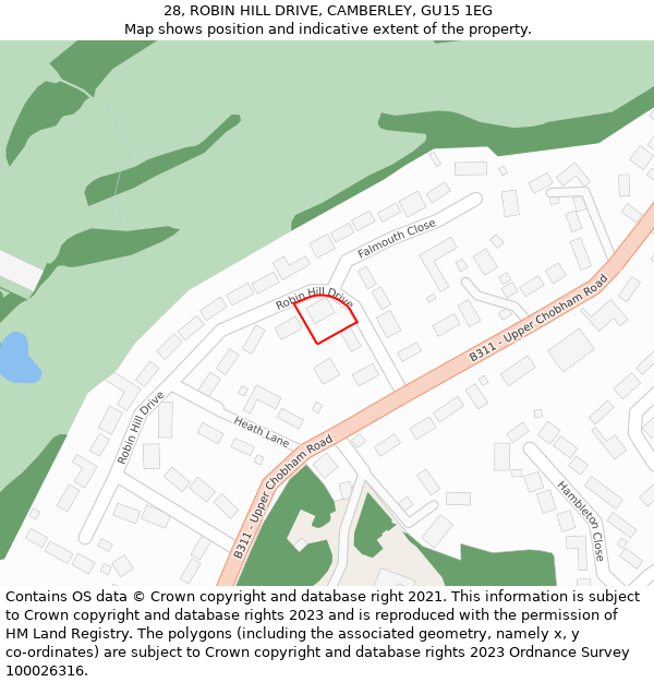 28, ROBIN HILL DRIVE, CAMBERLEY, GU15 1EG: Location map and indicative extent of plot