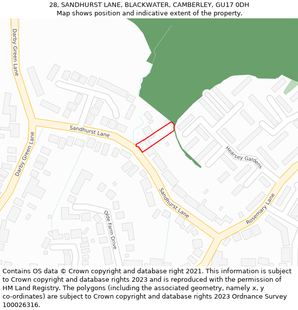 28, SANDHURST LANE, BLACKWATER, CAMBERLEY, GU17 0DH: Location map and indicative extent of plot