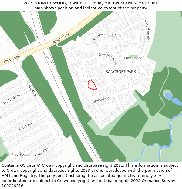 28, SPOONLEY WOOD, BANCROFT PARK, MILTON KEYNES, MK13 0RD: Location map and indicative extent of plot