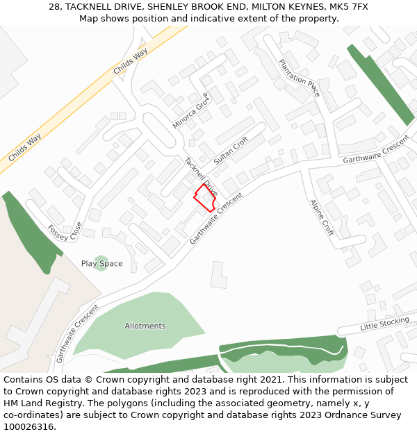 28, TACKNELL DRIVE, SHENLEY BROOK END, MILTON KEYNES, MK5 7FX: Location map and indicative extent of plot