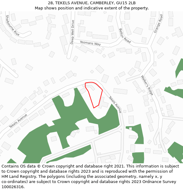 28, TEKELS AVENUE, CAMBERLEY, GU15 2LB: Location map and indicative extent of plot