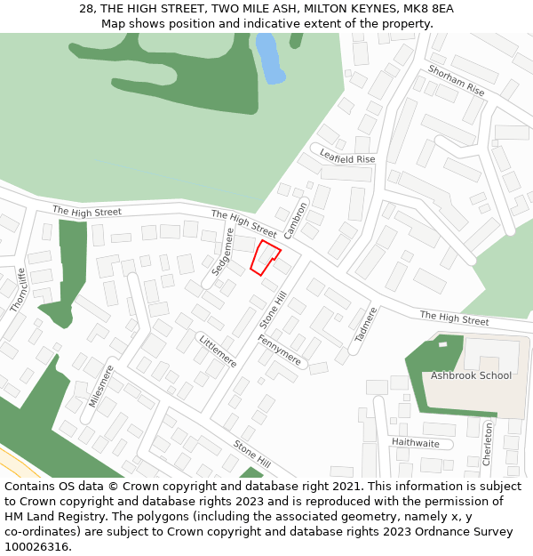 28, THE HIGH STREET, TWO MILE ASH, MILTON KEYNES, MK8 8EA: Location map and indicative extent of plot