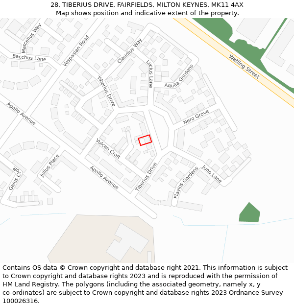 28, TIBERIUS DRIVE, FAIRFIELDS, MILTON KEYNES, MK11 4AX: Location map and indicative extent of plot