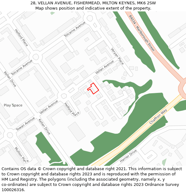 28, VELLAN AVENUE, FISHERMEAD, MILTON KEYNES, MK6 2SW: Location map and indicative extent of plot