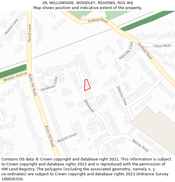 28, WILLOWSIDE, WOODLEY, READING, RG5 4HJ: Location map and indicative extent of plot