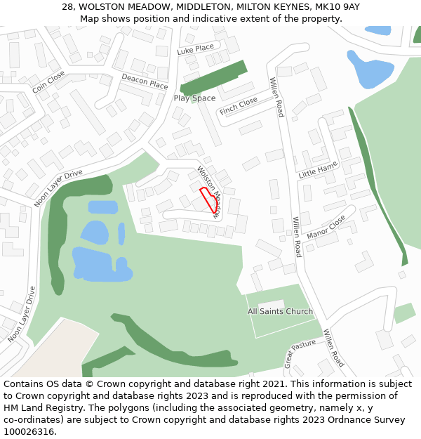 28, WOLSTON MEADOW, MIDDLETON, MILTON KEYNES, MK10 9AY: Location map and indicative extent of plot