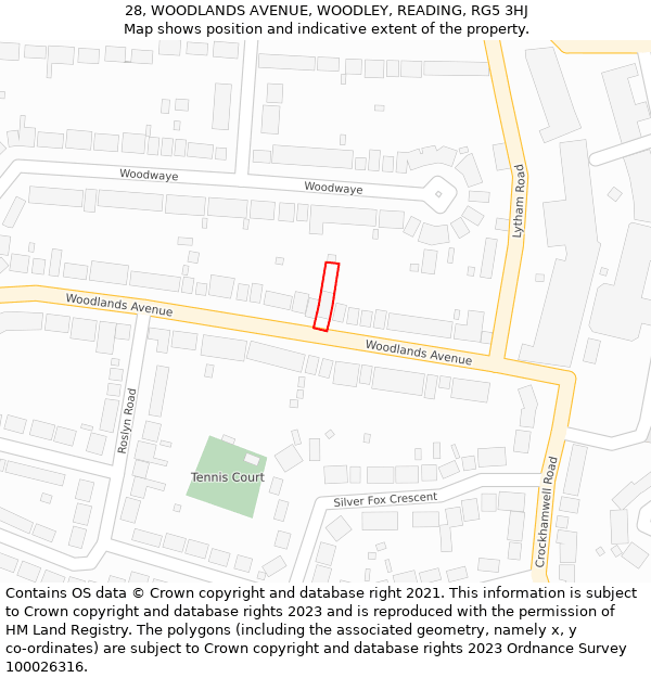 28, WOODLANDS AVENUE, WOODLEY, READING, RG5 3HJ: Location map and indicative extent of plot