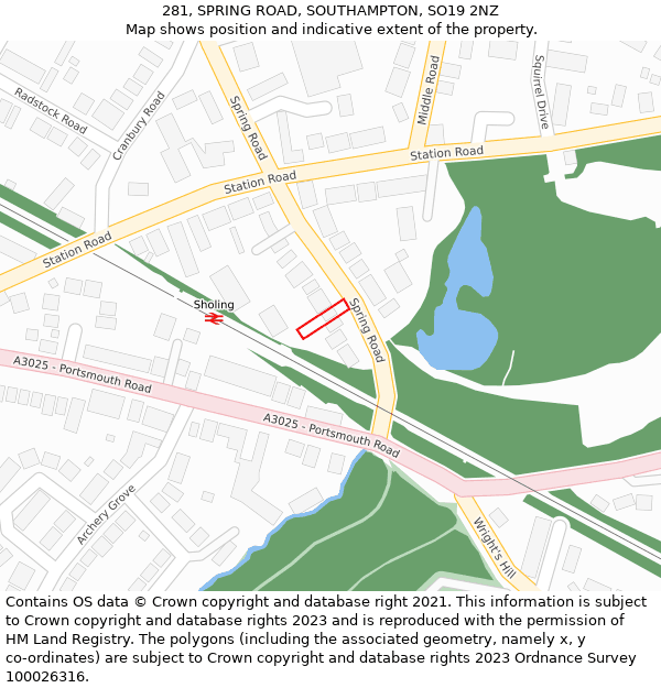 281, SPRING ROAD, SOUTHAMPTON, SO19 2NZ: Location map and indicative extent of plot