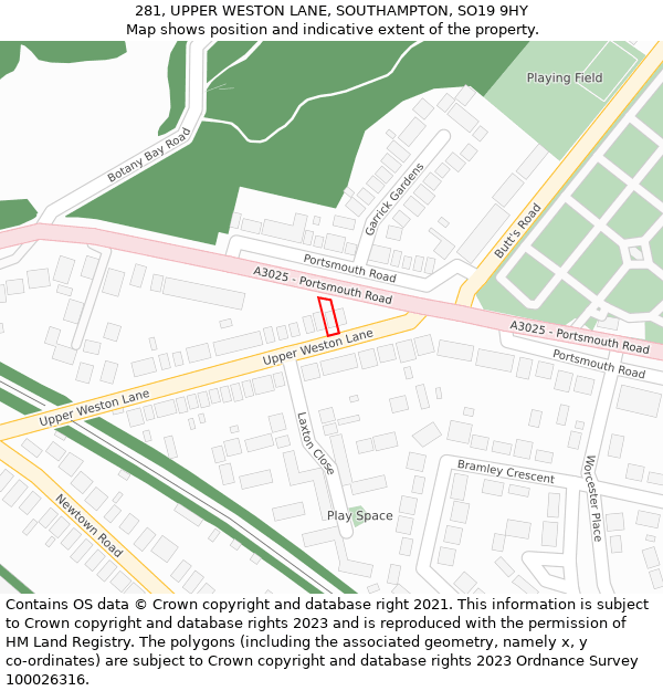 281, UPPER WESTON LANE, SOUTHAMPTON, SO19 9HY: Location map and indicative extent of plot