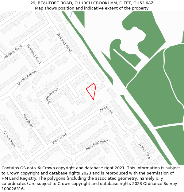 29, BEAUFORT ROAD, CHURCH CROOKHAM, FLEET, GU52 6AZ: Location map and indicative extent of plot