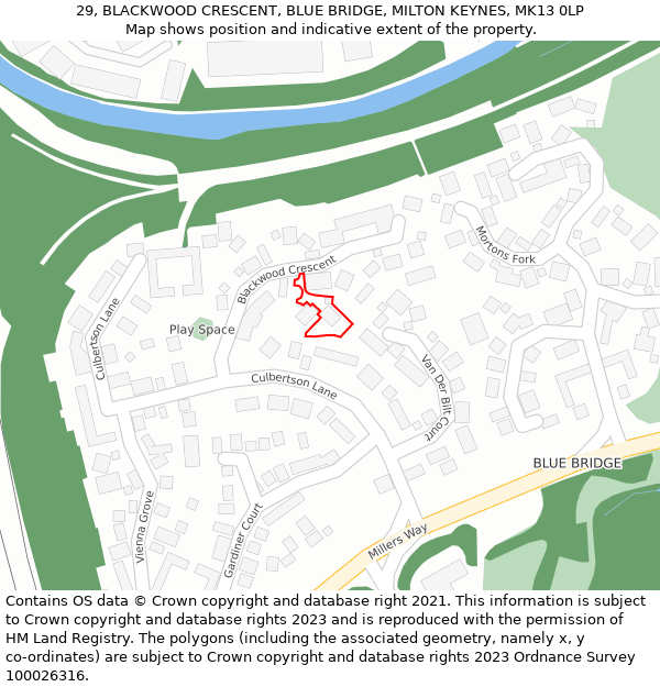 29, BLACKWOOD CRESCENT, BLUE BRIDGE, MILTON KEYNES, MK13 0LP: Location map and indicative extent of plot