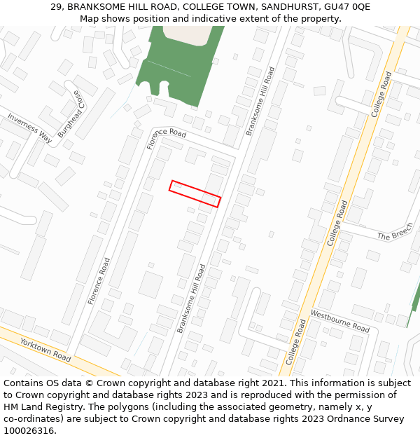 29, BRANKSOME HILL ROAD, COLLEGE TOWN, SANDHURST, GU47 0QE: Location map and indicative extent of plot