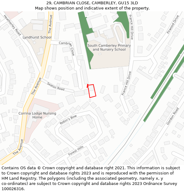 29, CAMBRIAN CLOSE, CAMBERLEY, GU15 3LD: Location map and indicative extent of plot