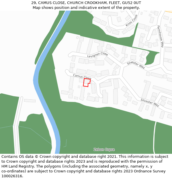 29, CAMUS CLOSE, CHURCH CROOKHAM, FLEET, GU52 0UT: Location map and indicative extent of plot