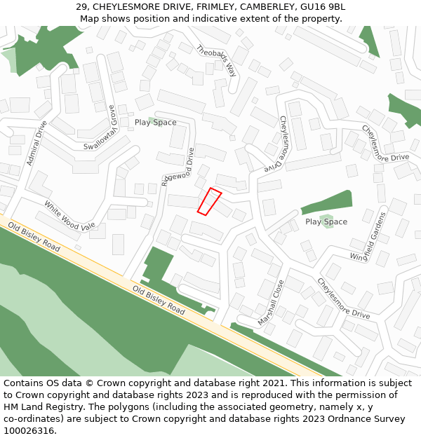 29, CHEYLESMORE DRIVE, FRIMLEY, CAMBERLEY, GU16 9BL: Location map and indicative extent of plot