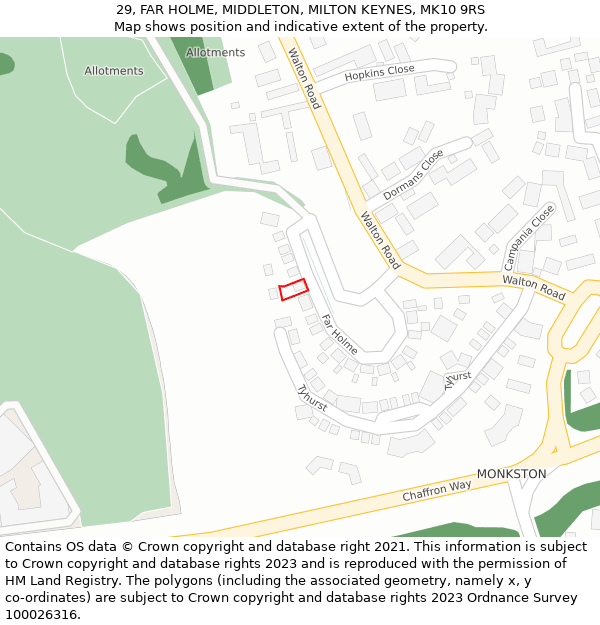 29, FAR HOLME, MIDDLETON, MILTON KEYNES, MK10 9RS: Location map and indicative extent of plot
