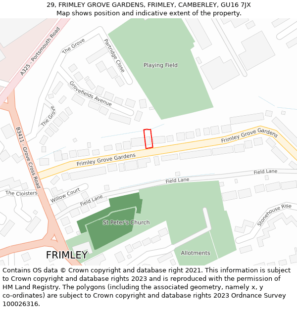 29, FRIMLEY GROVE GARDENS, FRIMLEY, CAMBERLEY, GU16 7JX: Location map and indicative extent of plot