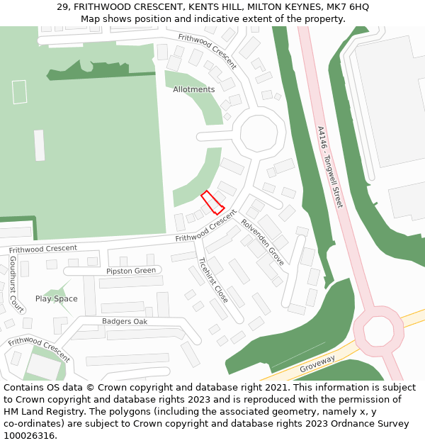 29, FRITHWOOD CRESCENT, KENTS HILL, MILTON KEYNES, MK7 6HQ: Location map and indicative extent of plot