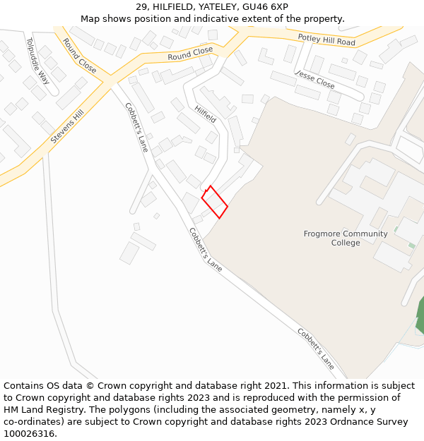 29, HILFIELD, YATELEY, GU46 6XP: Location map and indicative extent of plot