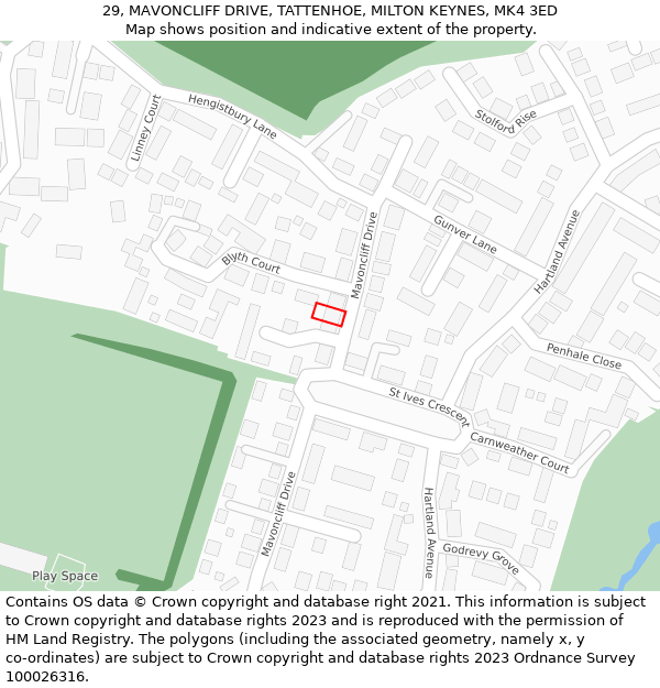 29, MAVONCLIFF DRIVE, TATTENHOE, MILTON KEYNES, MK4 3ED: Location map and indicative extent of plot