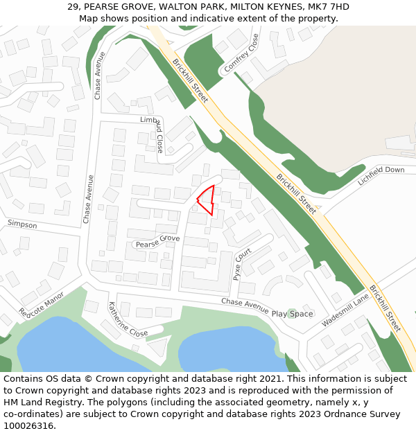29, PEARSE GROVE, WALTON PARK, MILTON KEYNES, MK7 7HD: Location map and indicative extent of plot