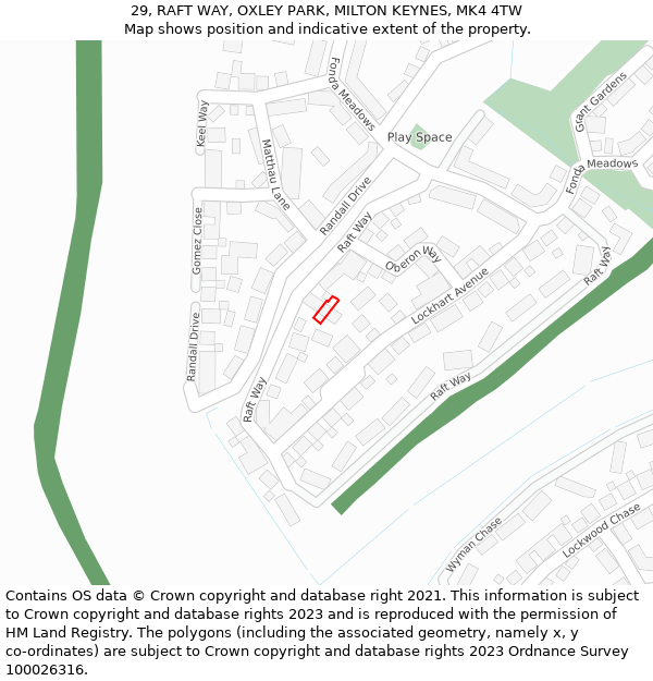 29, RAFT WAY, OXLEY PARK, MILTON KEYNES, MK4 4TW: Location map and indicative extent of plot