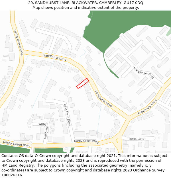 29, SANDHURST LANE, BLACKWATER, CAMBERLEY, GU17 0DQ: Location map and indicative extent of plot