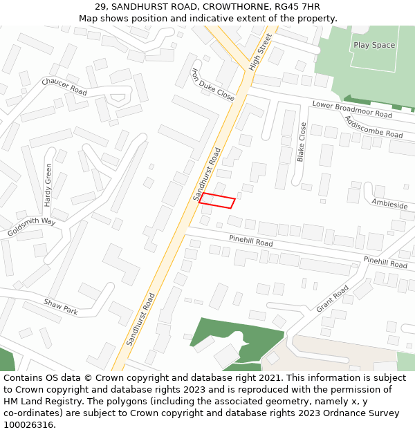 29, SANDHURST ROAD, CROWTHORNE, RG45 7HR: Location map and indicative extent of plot