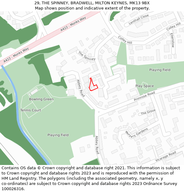 29, THE SPINNEY, BRADWELL, MILTON KEYNES, MK13 9BX: Location map and indicative extent of plot