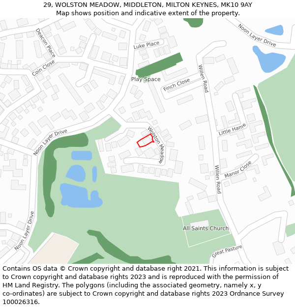 29, WOLSTON MEADOW, MIDDLETON, MILTON KEYNES, MK10 9AY: Location map and indicative extent of plot