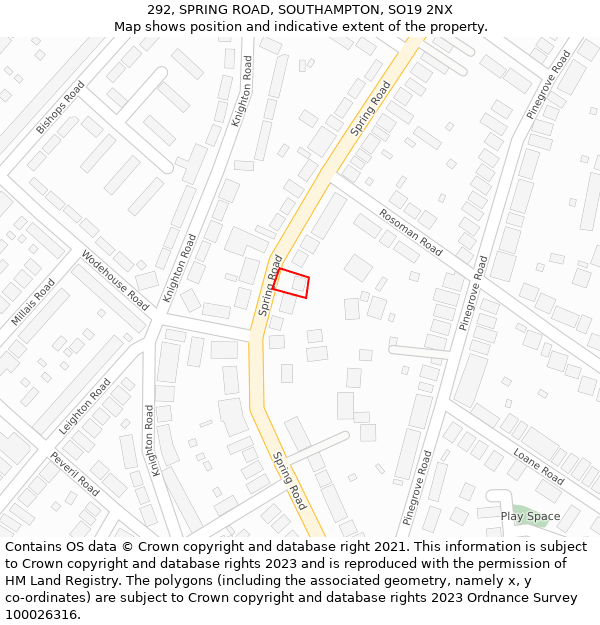 292, SPRING ROAD, SOUTHAMPTON, SO19 2NX: Location map and indicative extent of plot