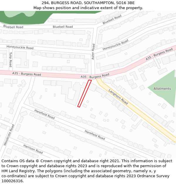 294, BURGESS ROAD, SOUTHAMPTON, SO16 3BE: Location map and indicative extent of plot