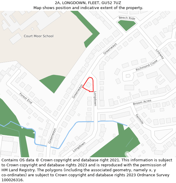 2A, LONGDOWN, FLEET, GU52 7UZ: Location map and indicative extent of plot