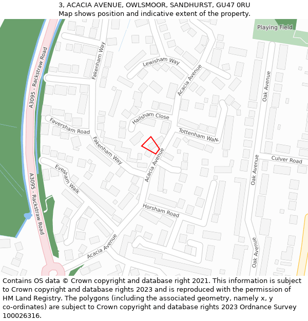 3, ACACIA AVENUE, OWLSMOOR, SANDHURST, GU47 0RU: Location map and indicative extent of plot