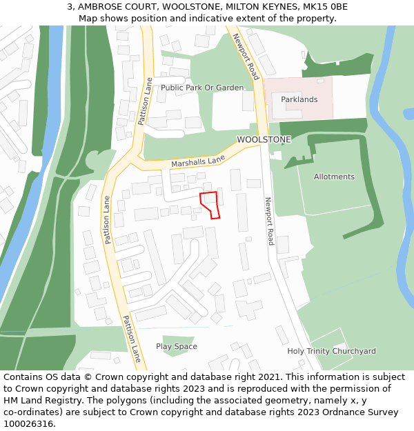 3, AMBROSE COURT, WOOLSTONE, MILTON KEYNES, MK15 0BE: Location map and indicative extent of plot