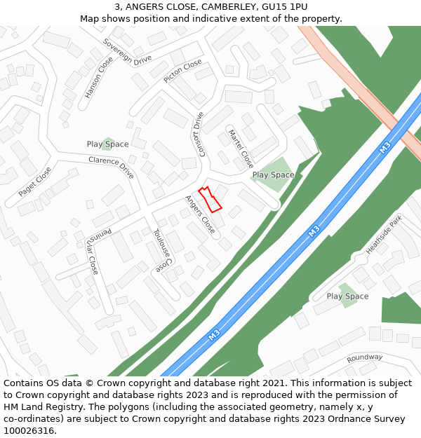 3, ANGERS CLOSE, CAMBERLEY, GU15 1PU: Location map and indicative extent of plot