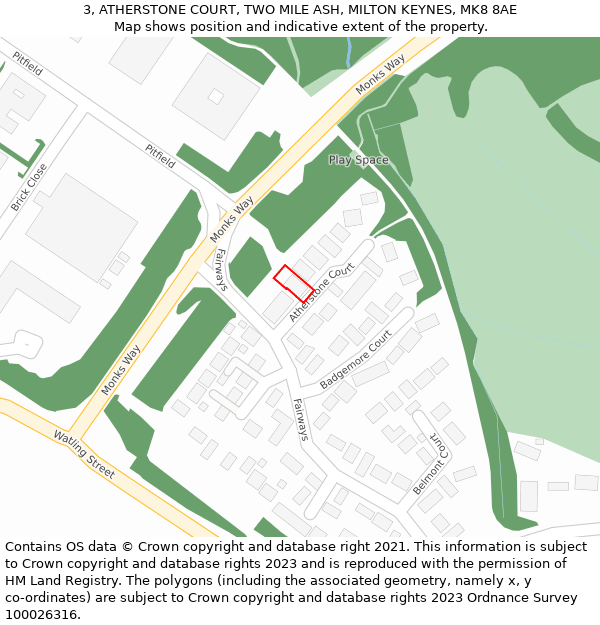 3, ATHERSTONE COURT, TWO MILE ASH, MILTON KEYNES, MK8 8AE: Location map and indicative extent of plot