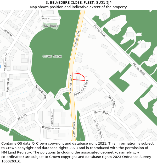 3, BELVEDERE CLOSE, FLEET, GU51 5JP: Location map and indicative extent of plot