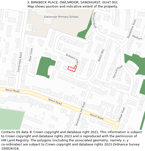 3, BIRKBECK PLACE, OWLSMOOR, SANDHURST, GU47 0UL: Location map and indicative extent of plot
