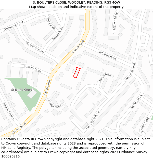 3, BOULTERS CLOSE, WOODLEY, READING, RG5 4QW: Location map and indicative extent of plot