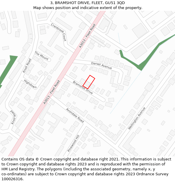 3, BRAMSHOT DRIVE, FLEET, GU51 3QD: Location map and indicative extent of plot