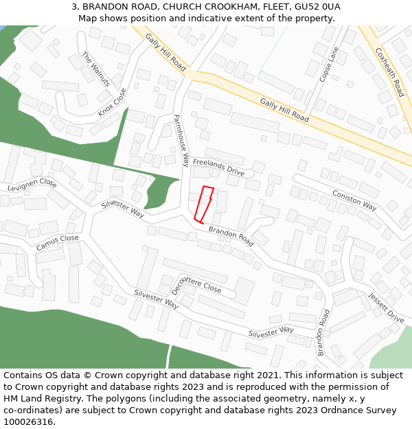 3, BRANDON ROAD, CHURCH CROOKHAM, FLEET, GU52 0UA: Location map and indicative extent of plot